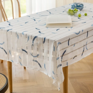 Rechteckige Tischdecke mit blauem Halbmonddruck, Hohlstreifen und stilvollen Fransen