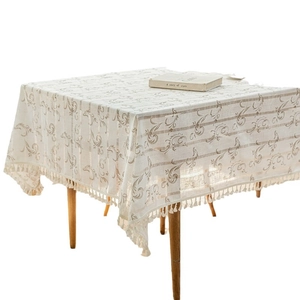 Beige Jacquard-Tischdecke mit brauner Stickerei und Fransen für Esszimmer-Dekoration