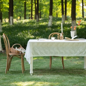 French style ivory cotton tablecloth with leaf embroidery and delicate lace edges