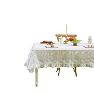 French vintage white lace tablecloth with leaf embroidery and ruffled edge for home dining