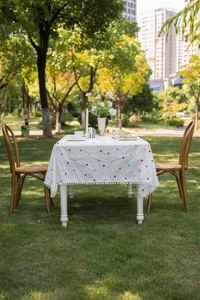 Detail of French cotton tablecloth with colorful floral embroidery and white pom-pom fringe