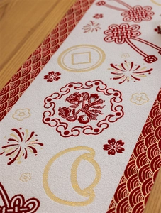 Detail of red and gold traditional Chinese patterns on high-quality festive table runner