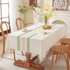 Embroidered Leaf Tassel Rectangular Tablecloth Synthetic Fiber Blend Dustproof Dining Table Cloth Home Kitchen Decor
