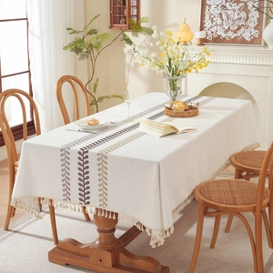 Rectangle cream tablecloth with vintage leaf embroidery and elegant beige tassel fringe