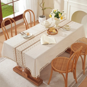 Minimalist Polyester Tablecloth With Tassel Fringe Geometric Spliced Lace Rectangular Dining Table Cover For Home Kitchen Decor