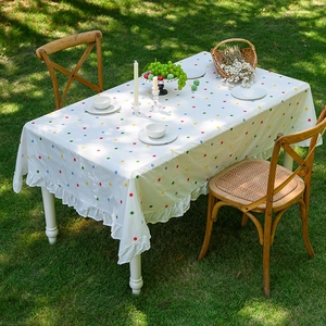 French Pastoral Style Cotton Embroidered Tablecloth With Ruffles Pom Poms Floral Geometric Rectangle Table Cloth Cover For Kitchen Party