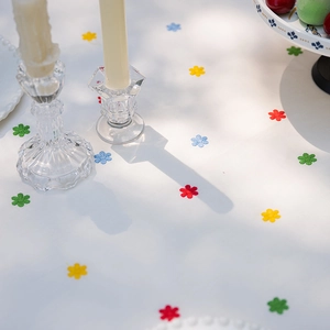 French floral cotton tablecloth with colorful embroidery and elegant ruffled hem edges