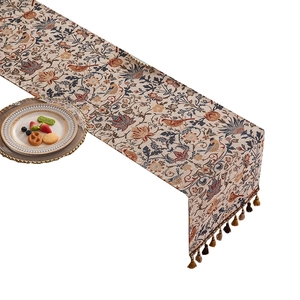 American vintage floral and bird jacquard table runner with decorative tassels