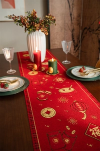 Detail of red Chinese New Year table runner with gold embroidery and festive lanterns