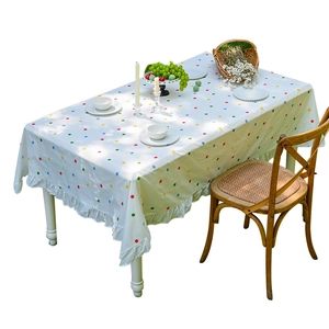 French cotton rectangular tablecloth with floral embroidery and ruffled edge design