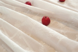 Detailed embroidery on white cotton tablecloth with delicate floral and geometric patterns