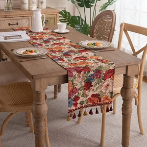 American vintage floral table runner with jacquard fabric and decorative tassels