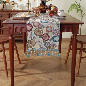 American vintage jacquard table runner with floral patterns and colorful tassels