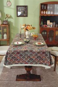 Close-up of bohemian mandala jacquard tablecloth with intricate fringe edge detail