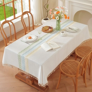 Rectangle cream cotton linen tablecloth with leaf embroidery and elegant tassel fringe