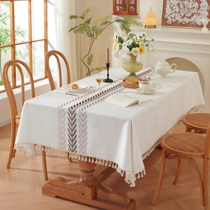Nordic Embroidered Rectangular Tablecloth With Tassels Polyester Blend Floral Plaid Dust-proof Table Cloth For Dining Home
