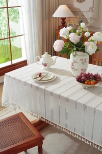 Detailed close-up of white lace tablecloth with hollow stripes and elegant fringe trim