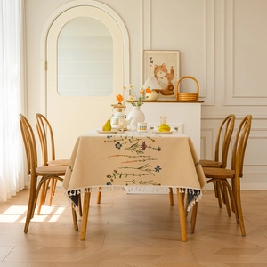 Pastoral beige cotton linen tablecloth with floral embroidery and white fringe tassels