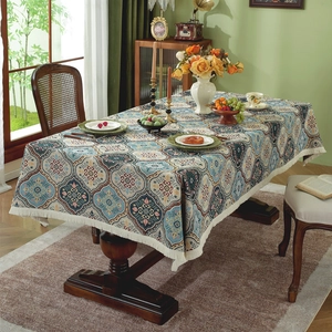 Vintage bohemian jacquard tablecloth with floral patterns and elegant white fringe tassels