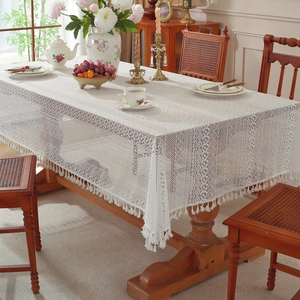 White French lace tablecloth with hollow stripes and elegant fringe for wedding decor