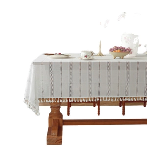 French ivory lace hollow stripe tablecloth with elegant cotton tassel edge for wedding decor