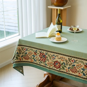 Vintage style floral jacquard tablecloth in sage green for rectangular dining tables
