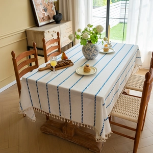 Runner da tavola boho crema con strisce jacquard blu e frange decorative per sala da pranzo