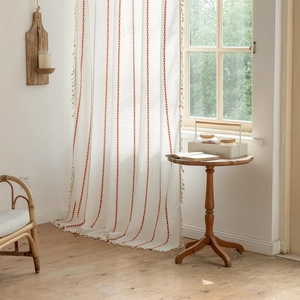 Bohemian white semi-transparent curtain with red chain embroidery and tassel edges