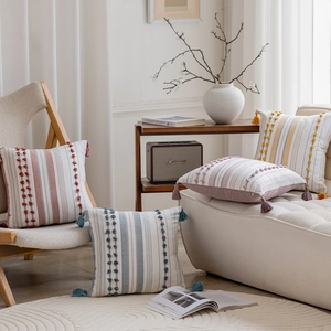 Bohemian striped tufted pillowcases with tassels in various colors for home sofa decor