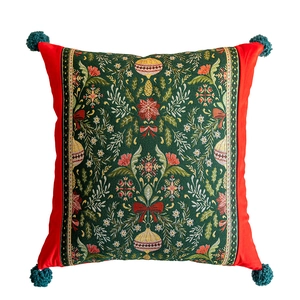 Federa cuscino natalizia vintage in jacquard con pannelli rossi e nappe a pompon verdi