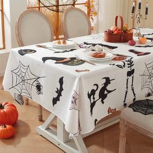 Polyester Halloween tablecloth with pumpkin and bat prints on white background