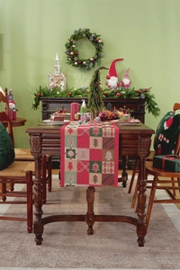 Close-up of yarn-dyed Christmas tree and plaid jacquard table runner on a wooden table