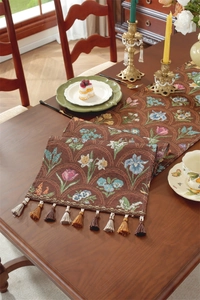 Vue détaillée d'un chemin de table jacquard rétro avec des pompons colorés sur bois