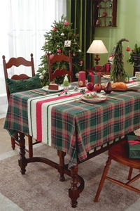 Detailed view of red and green plaid Christmas table runner with thick woven texture