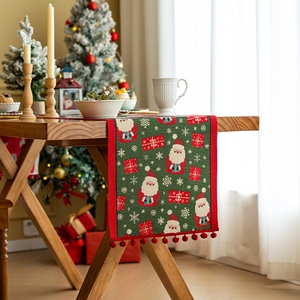 Christmas tree plaid table runner with Santa Claus pattern and red pompom trim decoration