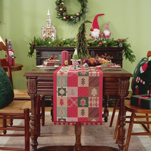 Christmas tree and gift box jacquard table runner with red pompom trim and festive plaid