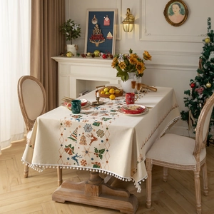 Christmas Reindeer Snowflake Jacquard Tablecloth Rectangular Synthetic Fiber Dining Cover With White Pom Pom Tassel