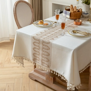 Polyester Faux Linen Jacquard Geometric Wave Tablecloth With Tassels Rectangular Dustproof Table Cover For Home Kitchen Decor