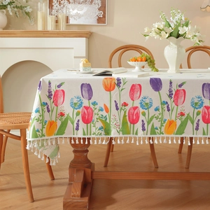 Pastoral Tulip Floral Printed Tablecloth With Tassel Nordic Style Polyester Cotton Rectangular Table Cover For Home Decor
