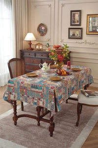 Close-up of bohemian floral jacquard pattern and texture on vintage rectangular tablecloth