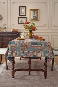 Detailed view of woven Bohemian floral jacquard fabric with vintage geometric patterns