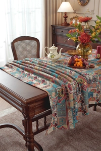 Detail of bohemian jacquard tablecloth showing intricate floral weave and texture