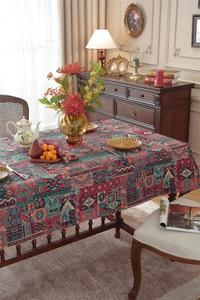 Close-up of bohemian floral and geometric jacquard fabric with ethnic patterns