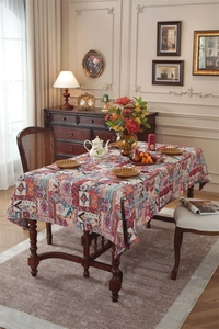 Detail of bohemian geometric jacquard patterns on high-quality retro tablecloth
