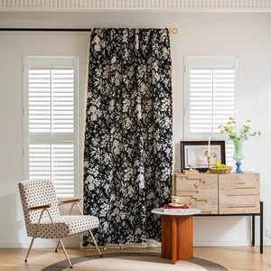 Bohemian floral curtain with tassel fringe for living room windows, semi-shading cotton fabric