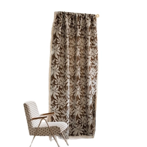 Bohemian semi-sheer cotton linen curtain with floral leaf patterns and fringe edges