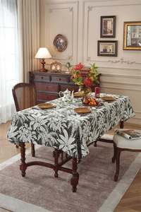 Close-up of bohemian floral jacquard pattern on high-quality retro tablecloth