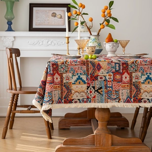 Bohemian Vintage Jacquard Tablecloth Rectangular Floral Geometric Pattern Table Cover With Tassels For Home Dining Decor