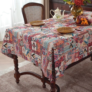 Bohemian floral geometric jacquard tablecloth with colorful vintage patchwork pattern