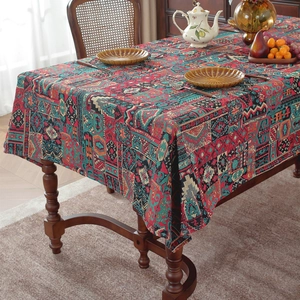 Bohemian Kilim style jacquard tablecloth with geometric patterns on a wooden table